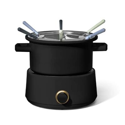 3QT Electric Fondue Set with Bonus 2QT Ceramic Pot, Stainless Steel 6 Color-Coded Forks, and Removable Pot, 1000watt heating system, for chocolate, cheese, broth, or oil fondues (Black (M))