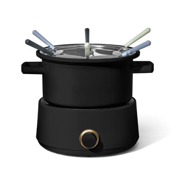 3QT Electric Fondue Set with Bonus 2QT Ceramic Pot, Stainless Steel 6 Color-Coded Forks, and Removable Pot, 1000watt heating system, for chocolate, cheese, broth, or oil fondues (Black (M))