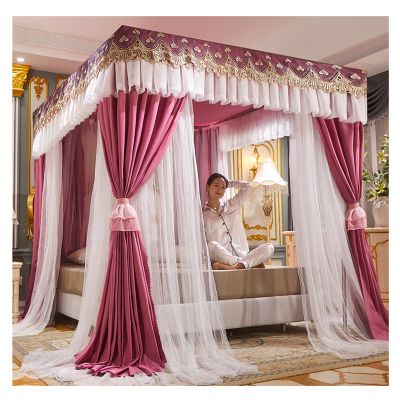 Bed Canopy Luxury European Bed Canopy Curtain, Decorative Bed Curtain for Girls' Adult Bedroom, Double-Layer Detachable Design for Four Seasons, for 1.5m/1.8m/2m Bed (Color : Bean-Sand, Size : 180x2