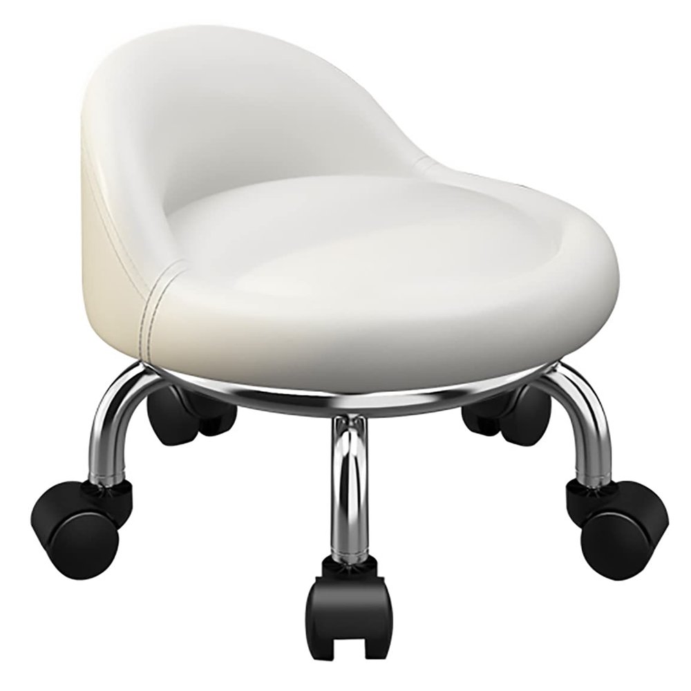 RBCRS Beauty Stool Leather Heavy-Duty Sturdy Rolling Low Stool Portable Pedicure Foot Stool with Universal Wheels and backrest for Home Office Garage Shop,White