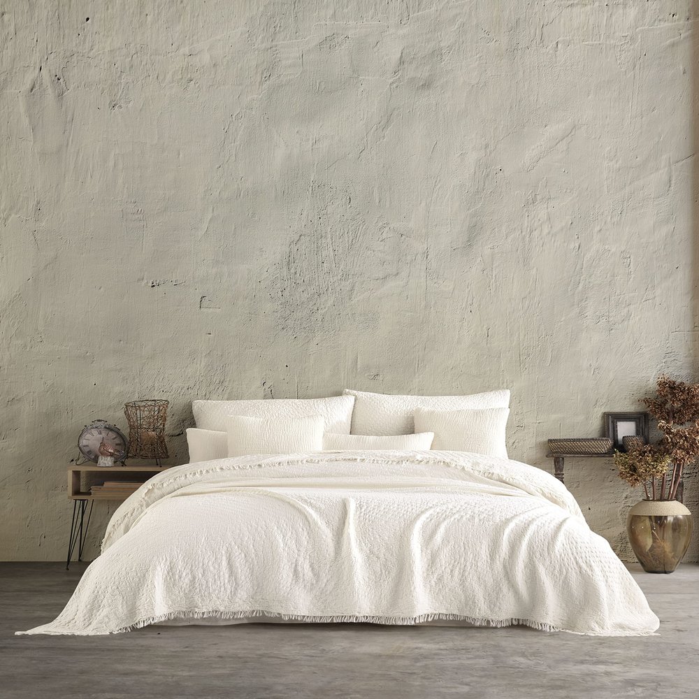 Handmade Bohemian 4-Layer Gauze Bedspread Only, 100% Cotton Muslin, Breathable Lightweight Coverlet, Natural Undyed Ivory Beige Jacquard Design, Oversize 100 120 Inches, Made in Turkey