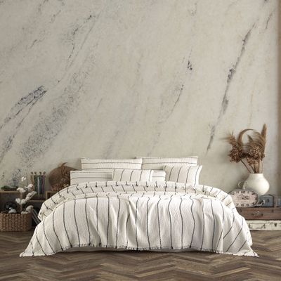 Handmade Bohemian 4-Layer Muslin Bedspread Only, 100% Organic Cotton, Natural Undyed Ivory with Black Pinstripes, Breathable Gauze Coverlet, King Size, Made in Turkey
