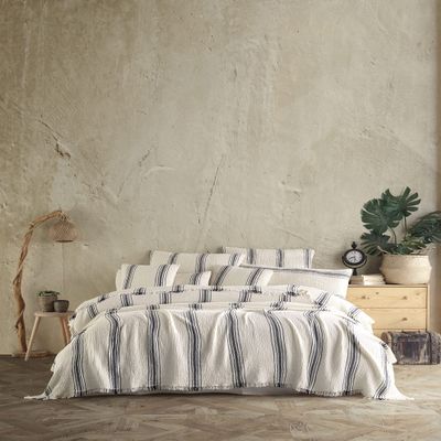 Handmade Bohemian 4-Layer Gauze Bedspread Only, 100% Organic Cotton Muslin, Breathable Lightweight Coverlet, Natural Undyed Ivory with 5 Black Stripes, Oversize 100  110 Inches, Made in Turkey