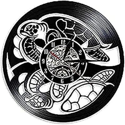 Round Wall Clock Vinyl Record Wall Clock Turtle LED Wall Lamp Clock Silent Quartz Sea Creature Modern Wall Art Home Decor 12 Inch (30 Cm) Clock Movement