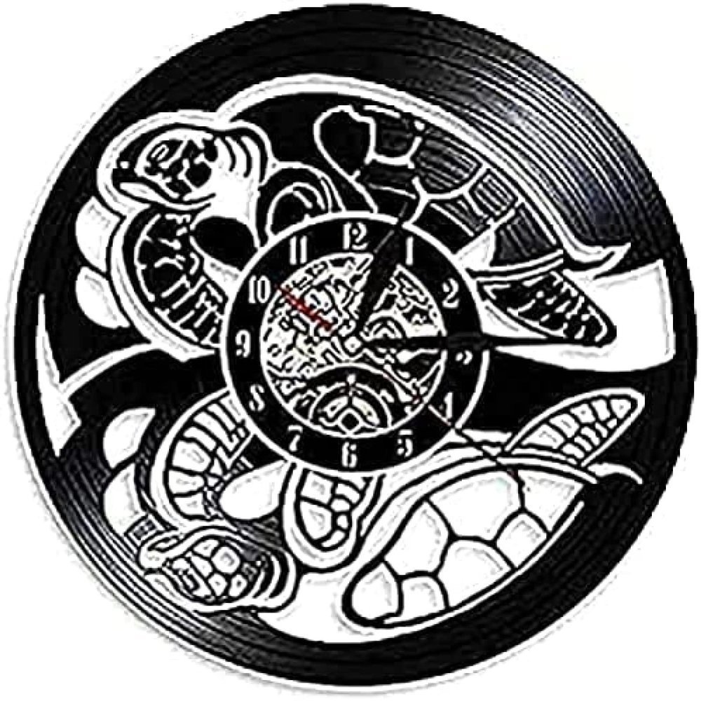 Round Wall Clock Vinyl Record Wall Clock Turtle LED Wall Lamp Clock Silent Quartz Sea Creature Modern Wall Art Home Decor 12 Inch (30 Cm) Clock Movement
