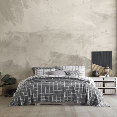 Handmade Bohemian 4-Layer Gauze Bedspread Only, 100% Cotton Muslin, Breathable Lightweight Coverlet, Dual Color Gray Windowpane Design, Oversize 100  110 Inches, Made in Turkey