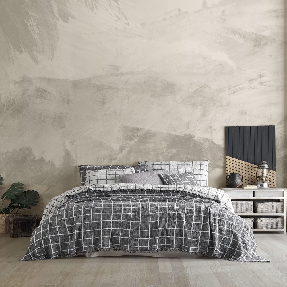 Handmade Bohemian 4-Layer Gauze Bedspread Only, 100% Cotton Muslin, Breathable Lightweight Coverlet, Dual Color Gray Windowpane Design, Oversize 100 110 Inches, Made in Turkey