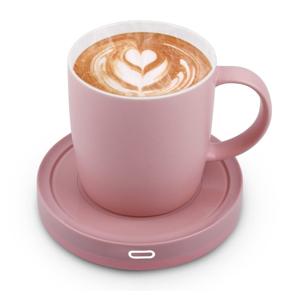 BESTINNKITS Smart Coffee Set Auto On/Off Gravity-induction Mug Office Desk Use, Candle Wax Cup Warmer Heating Plate (Up To 131F/55C), 14oz (Pink Set)