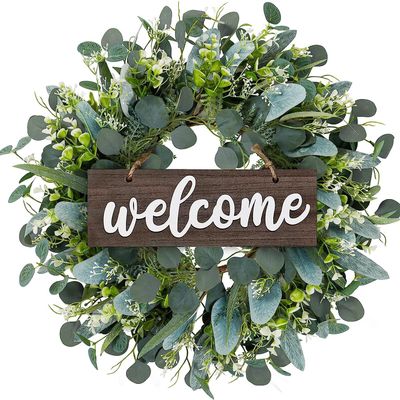 Dremisland Green Eucalyptus Wreath with Welcome Sign 22in Spring Summer Artificial Eucalyptus Wreath for Front Door, Wall, Window, Party Decor (Brown)