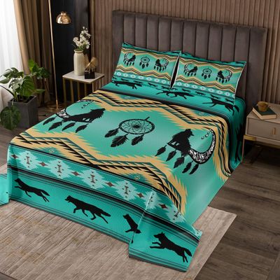 Erosebridal Wolf Quilted King Ethnic Tribe Feather Arrow Aztec Coverlet Set,Moon Dream Catcher Bohemia Bedspread Bedspread Indian Tribal Geometric Quilt Set,Vintage Exotic Wildlife Boho Decor,Green
