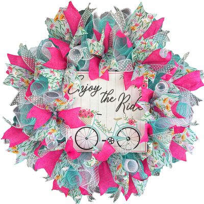 Enjoy The Ride Aqua Blue & Pink Floral Spring & Summer Deco Mesh Wreath, Floral Decor, Fall, Front Door, Burlap Wedding Farmhouse Decor, Country Decor
