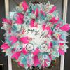 Enjoy The Ride Aqua Blue & Pink Floral Spring & Summer Deco Mesh Wreath, Floral Decor, Fall, Front Door, Burlap Wedding Farmhouse Decor, Country Decor view 2