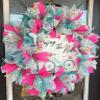 Enjoy The Ride Aqua Blue & Pink Floral Spring & Summer Deco Mesh Wreath, Floral Decor, Fall, Front Door, Burlap Wedding Farmhouse Decor, Country Decor view 3