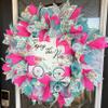 Enjoy The Ride Aqua Blue & Pink Floral Spring & Summer Deco Mesh Wreath, Floral Decor, Fall, Front Door, Burlap Wedding Farmhouse Decor, Country Decor view 4