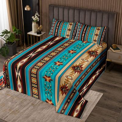 Aztec Quilted Ethnic Tribal Arrow Bedspread,Vintage Southwestern Native Bohemian Coverlet Set Queen,Western Star Quilt Set Exotic Geometric Diamond Stripes Room Decor,Teal Blue and Brown