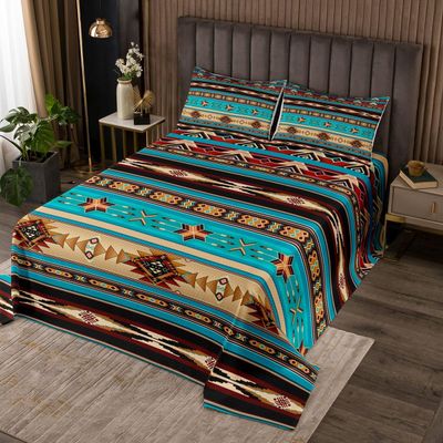 Aztec Coverlet Set Ethnic Tribal Arrow Bedspread,Retro Southwest Native Bohemian Quilted King,Western Star Geometric Sriped Quilt Set African Tribe Exotic Nordic Style Boho Decor,Blue Brown