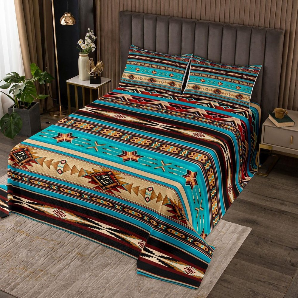 Aztec Coverlet Set Ethnic Tribal Arrow Bedspread,Retro Southwest Native Bohemian Quilted King,Western Star Geometric Sriped Quilt Set African Tribe Exotic Nordic Style Boho Decor,Blue Brown
