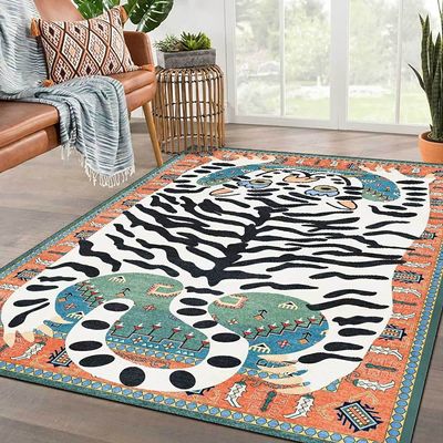 Boho Tiger Rug - 4x6 ft Vintage Colorful Rug for Living Room & Bedroom, Washable Kids Room Floor Mat