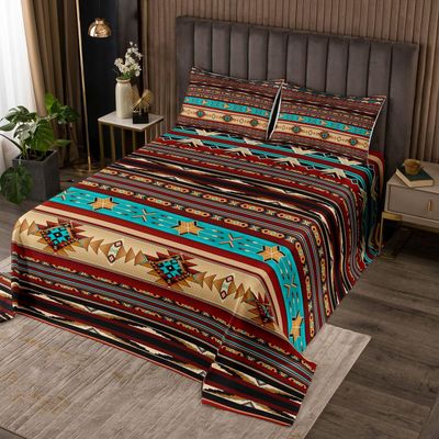 Aztec Coverlet Set Ethnic Tribal Arrow Bedspread,Vintage Southwestern Native Bohemian Quilted Queen,Western Star Quilt Set Exotic Geometric Diamond Stripes Room Decor,Burnt Sienna Brown