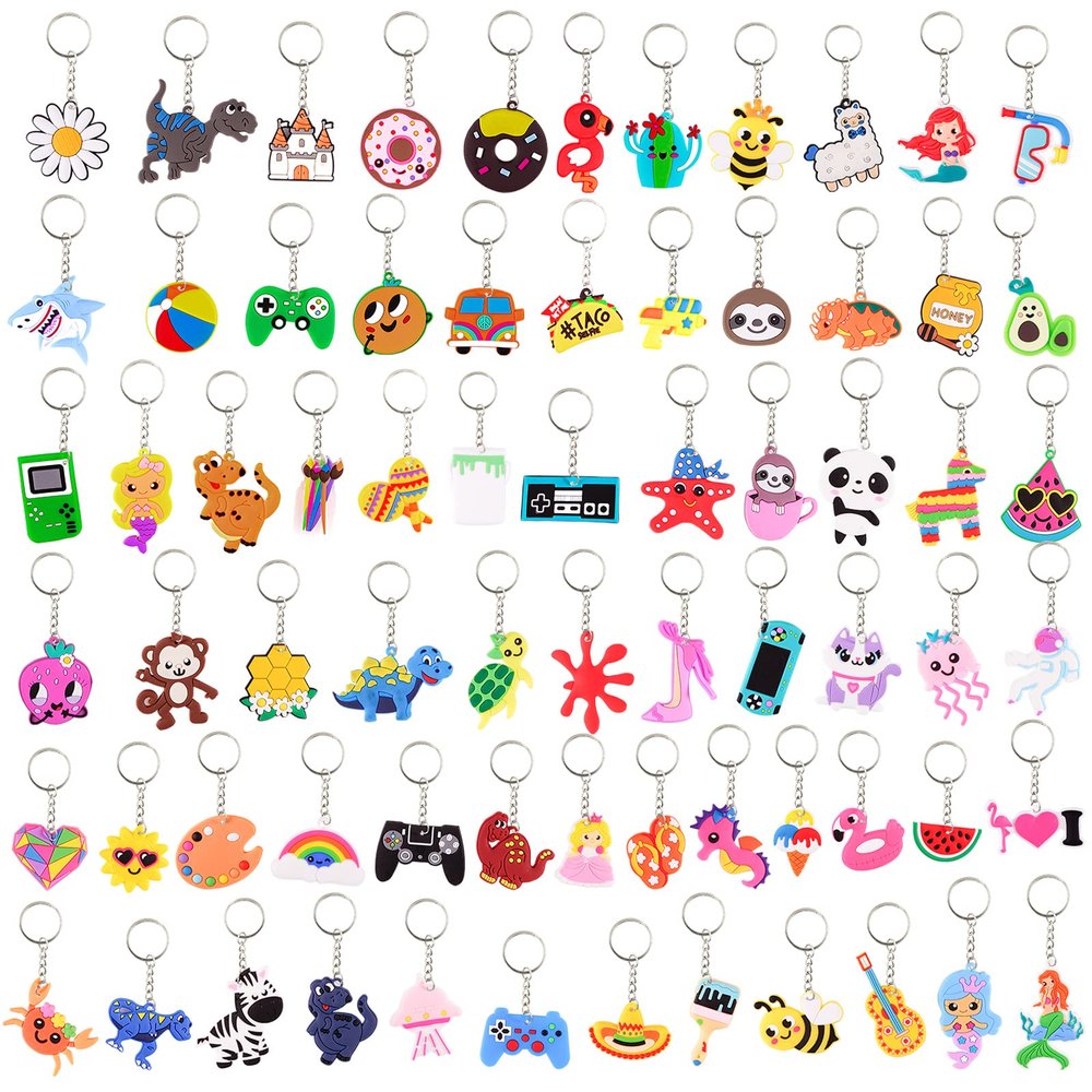 Lecinc 70Pcs Video Game Party Favors Video Game Keychains for Kids Birthday School Party Dinosaur Donut Marine Animal Mermaid Rainbow Bulk Keychains for Birthday Party Supplies