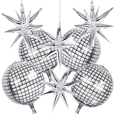 8 PCS 22Inch Silver Disco Ball Ballons, 4D Large Foil Balloons with Metallic Star for 70s Disco Dance Diamond Birthday Party Graduation New Year Decoration for Women