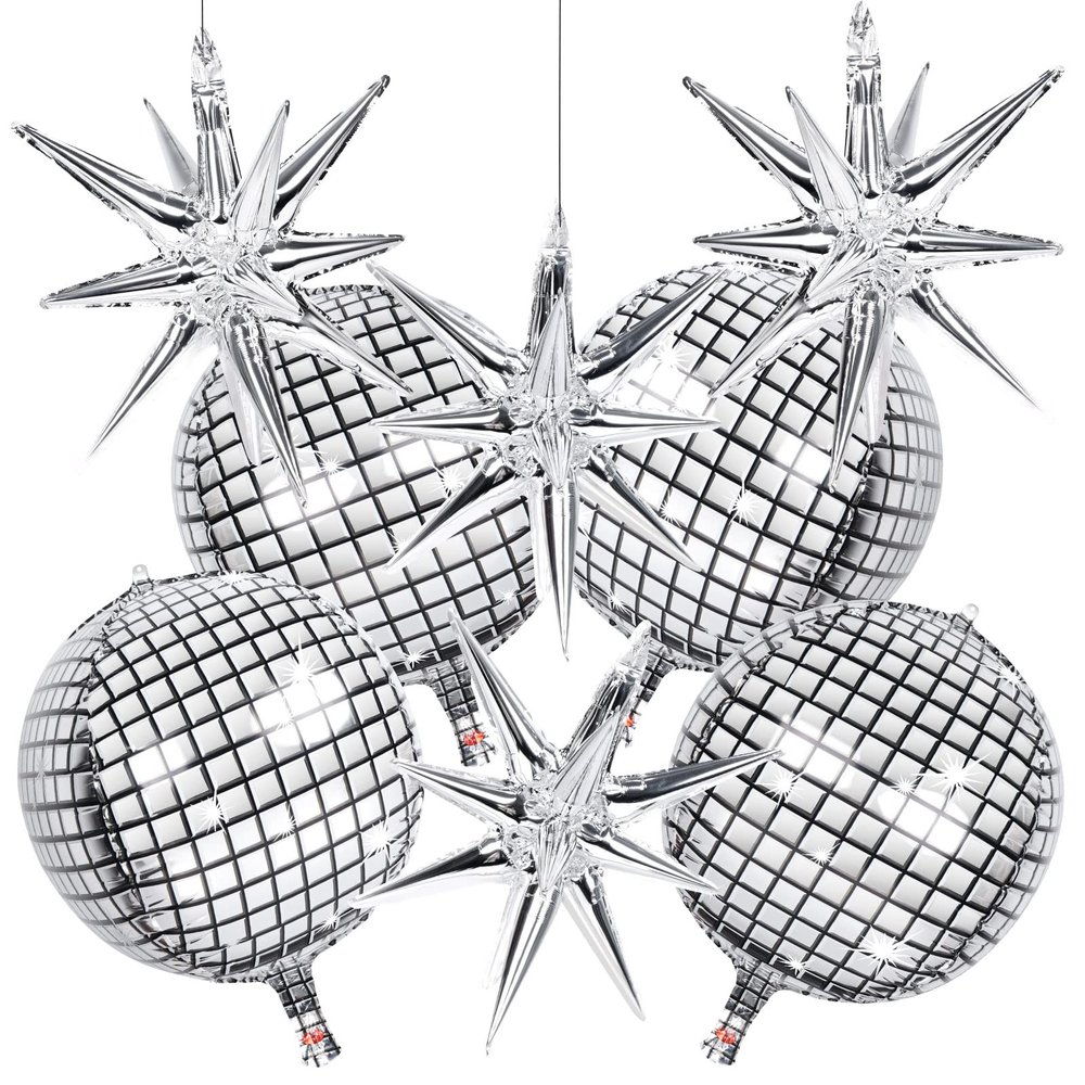8 PCS 22Inch Silver Disco Ball Ballons, 4D Large Foil Balloons with Metallic Star for 70s Disco Dance Diamond Birthday Party Graduation New Year Decoration for Women