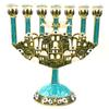 Cohen Tsemach Art & Gift 7 Branch Menorah Candle Holder Jerusalem Hand Painted Crystal Rhinestones Bejeweled Turquoise view 1