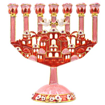 Cohen Tsemach Art & Gift 7 Branch Menorah Candle Holder Jerusalem Hand Painted Crystal Rhinestones Bejeweled
