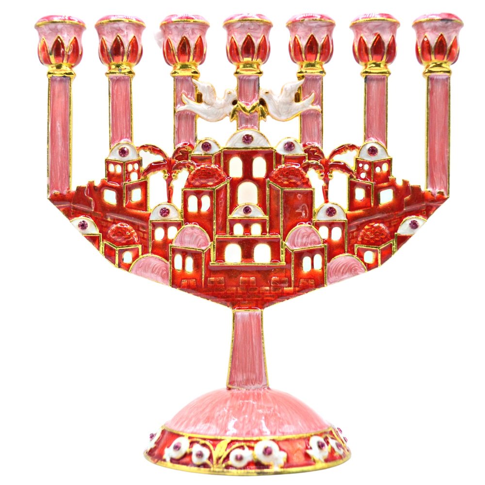 Cohen Tsemach Art & Gift 7 Branch Menorah Candle Holder Jerusalem Hand Painted Crystal Rhinestones Bejeweled