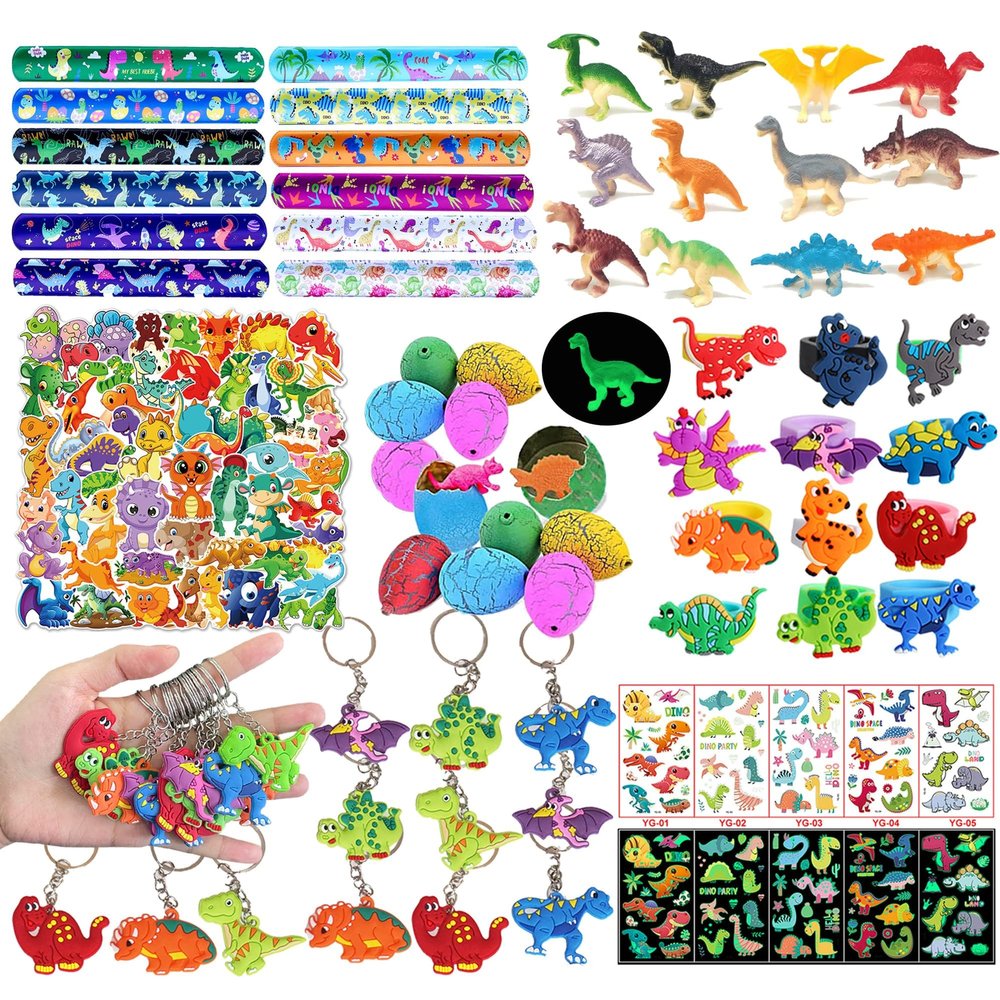 XIPEGPA 132 PCS Dinosaur Party Favors, Dinosaur Themed Eggs Dinos Slap Bracelets Keychains Rings Stickers for Birthday Party Supplies Goodie Bag Fillers