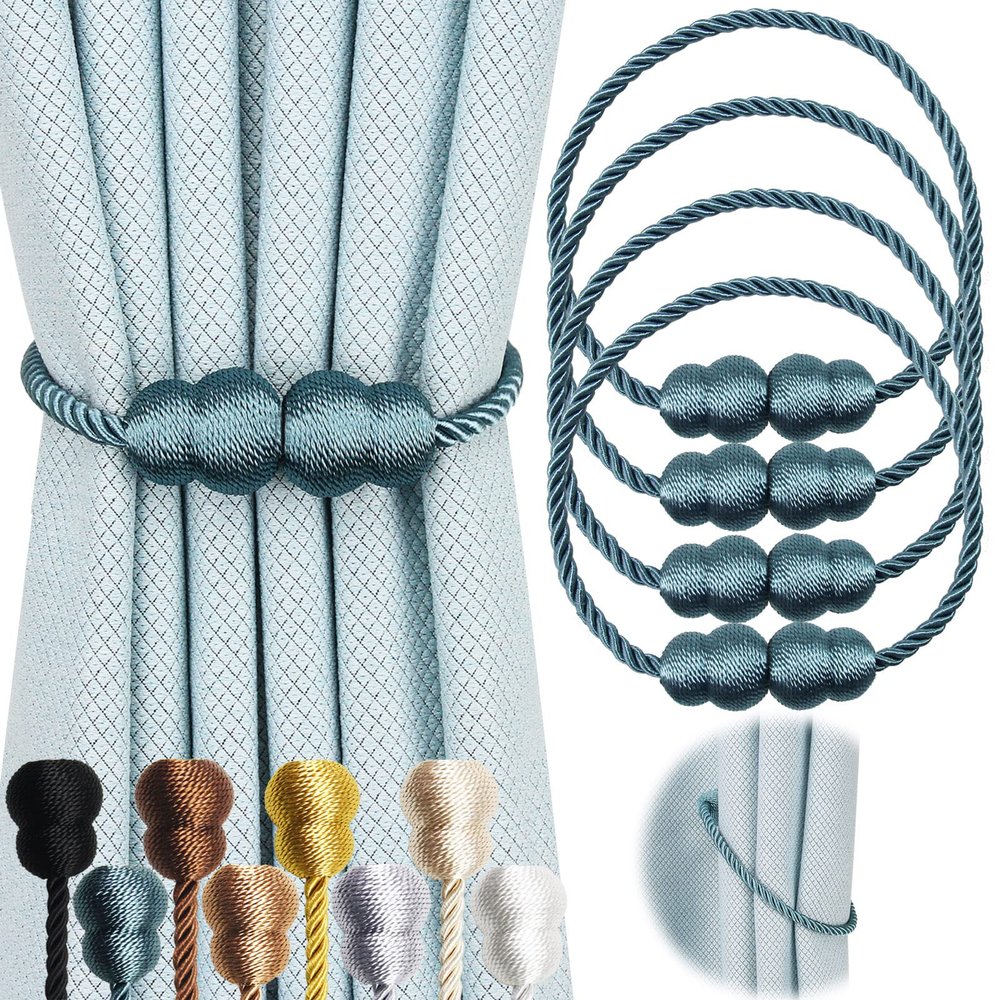 Hangtty Magnetic Curtain Tiebacks 4 Pack Rope Decorative Curtain Tie Backs Elegant Curtain Holders for Drapes Outdoor Window Treatment Holdbacks, Blue