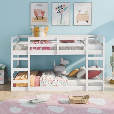 Anwick Twin Over Twin Floor Bunk Bed with Ladder, Safety Guard Rails, 400LBS Wooden Twin Bunk Beds for Teens/Adults, Solid Wood Low Bunk Bed Frame Bedroom Furniture (White, Twin Over Twin)