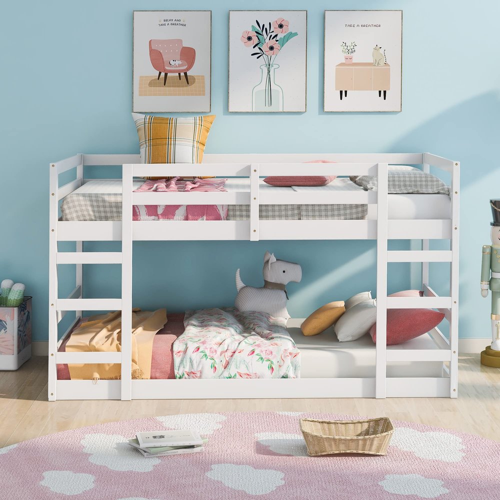 Anwick Twin Over Twin Floor Bunk Bed with Ladder, Safety Guard Rails, 400LBS Wooden Twin Bunk Beds for Teens/Adults, Solid Wood Low Bunk Bed Frame Bedroom Furniture (White, Twin Over Twin)