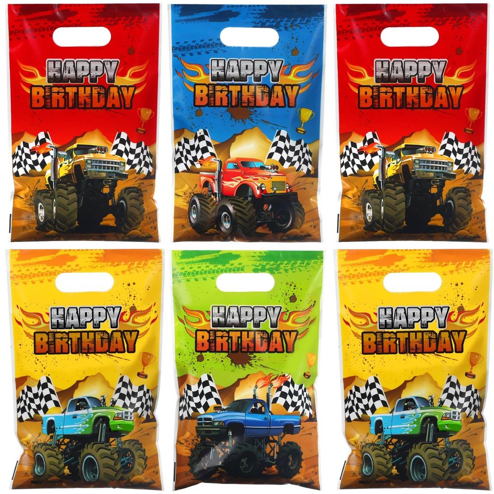 Pajean 48 Pieces Monster Truck Party Favor Bags Bulk Plastic Happy Birthday Truck Treat Goodie Bags for Kids Racing Themed Decorations Monster Birthday Party Supplies Packing, 9.8 x 6.5 Inch