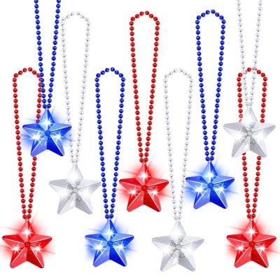 TURNMEON 9 Pack 4th of July Party Favor Light Up Necklaces Patriotic Red White Blue Party Accessories Fourth July American Stars Beads Necklaces Adults Independence Day Supplies