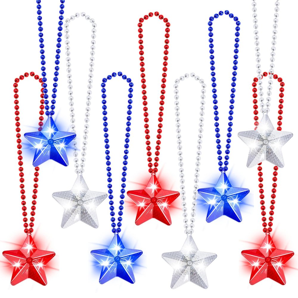 TURNMEON 9 Pack 4th of July Party Favor Light Up Necklaces Patriotic Red White Blue Party Accessories Fourth July American Stars Beads Necklaces Adults Independence Day Supplies