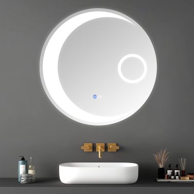 30inch Bathroom Round LED Mirror with Lights, Mordern Bathroom Mirror with Anti-Fog Demister Pad Built in Touch Switch 3 Colors Dimmable Touch Memory Makeup Mirror for Bathroom, Vanity, Shaving