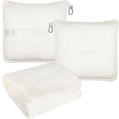 BlueHills Premium Soft Plush Travel Blanket Pillow for Airplane Traveling Essentials in a Bag Flight Throw with Backpack Clip Compact Portable Plane Accessories Ivory White - T025