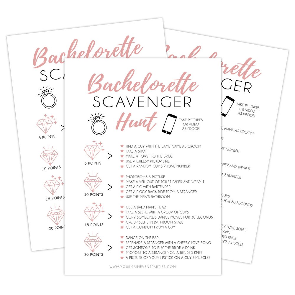 Your Main Event Prints 25 White Bachelorette Scavenger Hunt Party Games, Drinking Game and Dares, Fun Novelty Cards for Girls Night Out