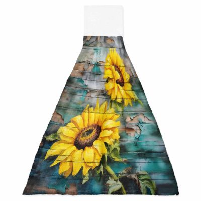 BOBOWUNY Teal Sunflower 1 Pcs Hanging Kitchen Hand Towels, Retro Yellow Floral Turquoise Wood Grain Super Soft Microfiber Tie Towels Aborbent Washcloth for Bathroom Oven Tea Bar