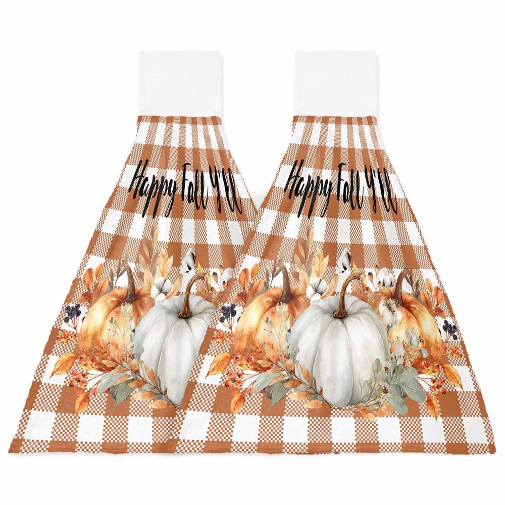 BOBOWUNY Thanksgiving 2 Pcs Hanging Kitchen Hand Towels, Farmhouse Brown Plaid Fall Pumpkin Cotton Leaf Super Soft Microfiber Tie Towels Aborbent Washcloth for Bathroom Oven Tea Bar