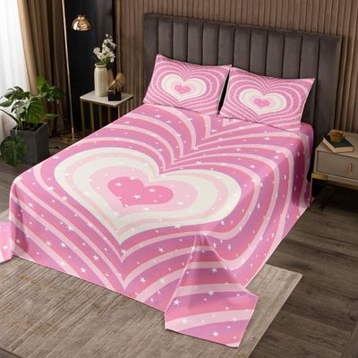 3 Piece Pink Retro Heart Pattern Quilt Bedding Set Women Aldult Lightweight Bedding Lovely Girly Bedspread Set Romantic Bedspread Coverlet Soft Microfiber Home Quilt Set for King Bed All Season