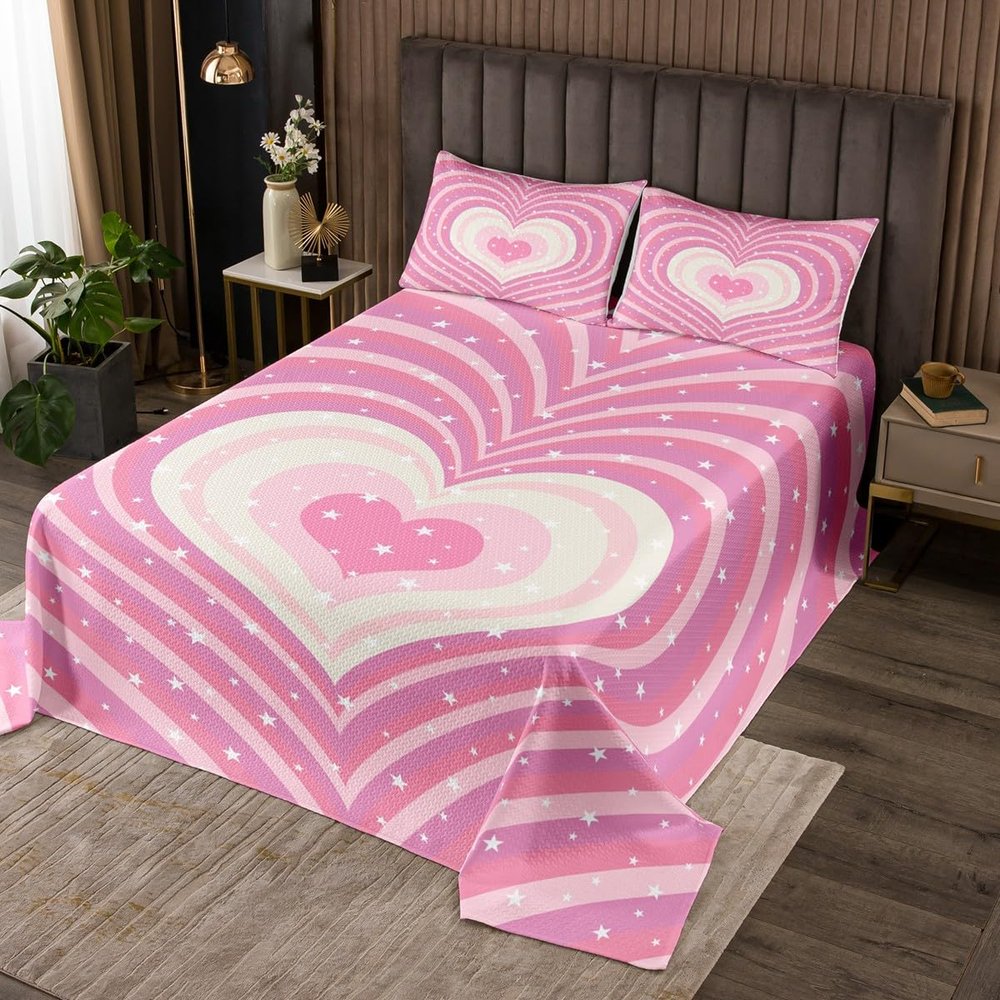 3 Piece Pink Retro Heart Pattern Quilt Bedding Set Women Aldult Lightweight Bedding Lovely Girly Bedspread Set Romantic Bedspread Coverlet Soft Microfiber Home Quilt Set for King Bed All Season