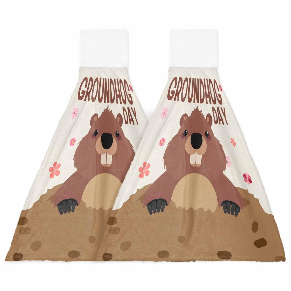 BOBOWUNY Groundhog Day 2 Pcs Hanging Kitchen Hand Towels, Cute Animal Spring Holiday Brown Super Soft Microfiber Tie Towels Aborbent Washcloth for Bathroom Oven Tea Bar
