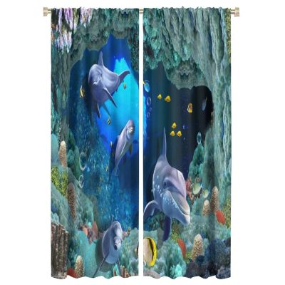 Ocean Decorative Curtains, Underwater World Dolphin Coral Fish Boy's Bedroom Nursery Window Treatments Curtains, 2 Panel Set, 52x84 Inch