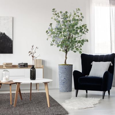 Artificial Tree in Contemporary Geometric Pattern Planter, Fake Eucalyptus Silk Tree for Indoor and Outdoor Home Decoration - 66" Overall Tall (Plant Pot Plus Tree)