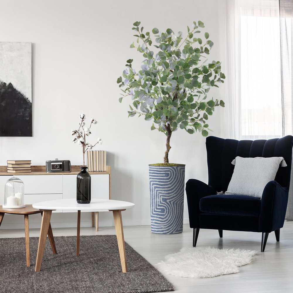 Artificial Tree in Contemporary Geometric Pattern Planter, Fake Eucalyptus Silk Tree for Indoor and Outdoor Home Decoration - 66" Overall Tall (Plant Pot Plus Tree)