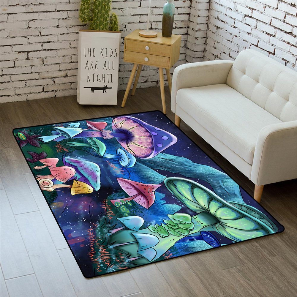 Cartoon Mushroom Rugs for Girls Lovely Kids Room Decor Carpets Purple Plant Theme Soft Carpet Sofa Floor Mat for Living Sitting Playing Room Flannel Cartoon Mushrooms Rug for Girls Bedroom, 4'5'