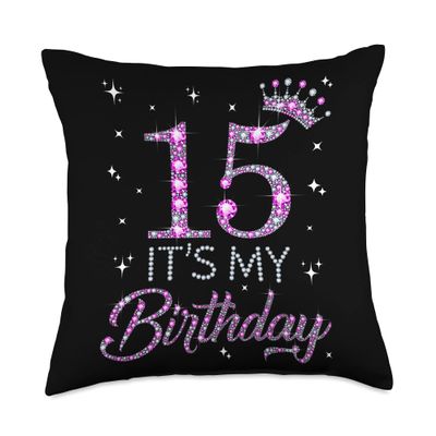15 It's My Birthday Pink Crown Happy 15th Birthday Girl Throw Pillow