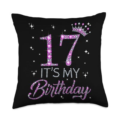 17 It's My Birthday Pink Crown Happy 17th Birthday Girl Throw Pillow